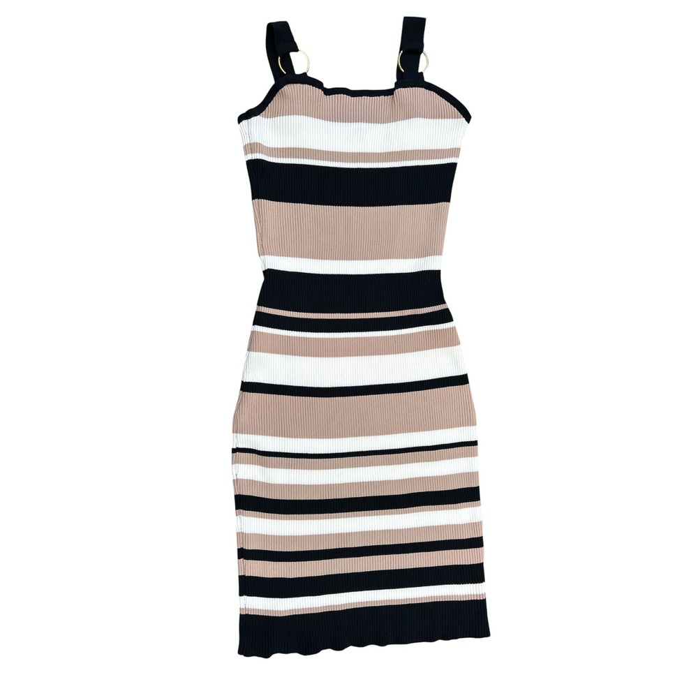 Fashion Nova Striped Ribbed Knit‎ Bodycon Dress Tan Black White Gold O-Ring M